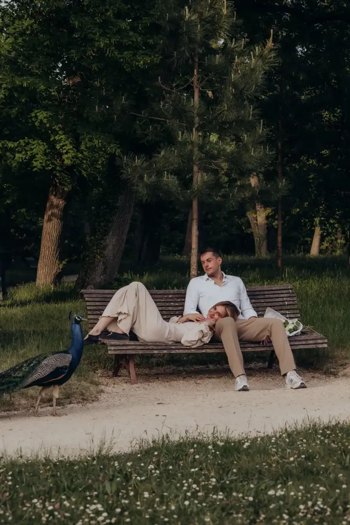 Couple relaxing park bench peacock summer Paris